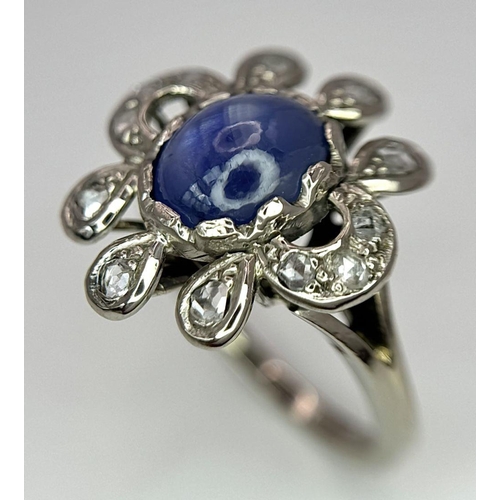 40 - A 14K WHITE GOLD ( TESTED ) VINTAGE DIAMOND & STAR SAPPHIRE RING. 6.4G. SIZE O.