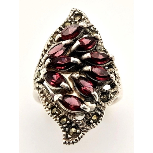 441 - Vintage Statement SILVER MARCASITE RING. Cluster set with BURGUNDY GEMSTONE BAGETTES. Size N.