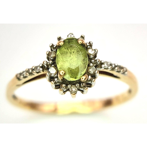 56 - Attractive 9 Carat GOLD PERIDOT and DIAMOND RING, having an Oval Cut Peridot with DIAMOND surround a... 