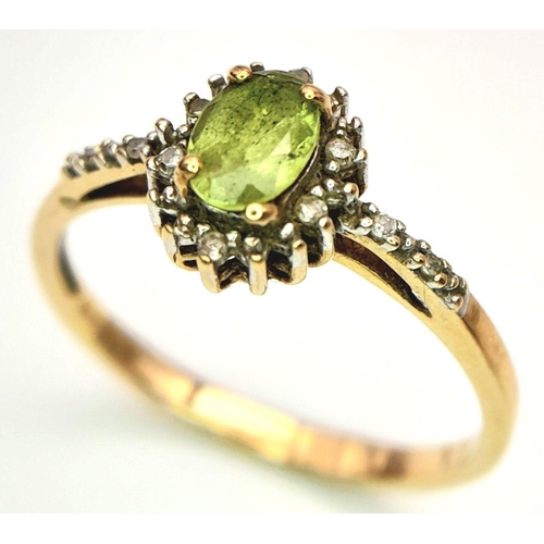 56 - Attractive 9 Carat GOLD PERIDOT and DIAMOND RING, having an Oval Cut Peridot with DIAMOND surround a... 