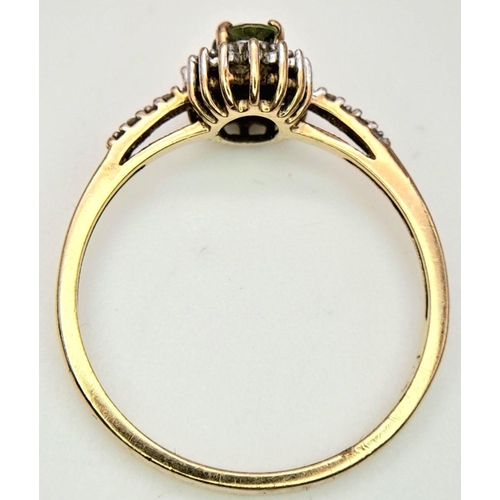 56 - Attractive 9 Carat GOLD PERIDOT and DIAMOND RING, having an Oval Cut Peridot with DIAMOND surround a... 