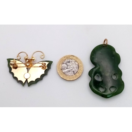 646 - Two Different Style Pairs of Green Jade Earrings Plus A Butterfly Jade Brooch a Pendant.