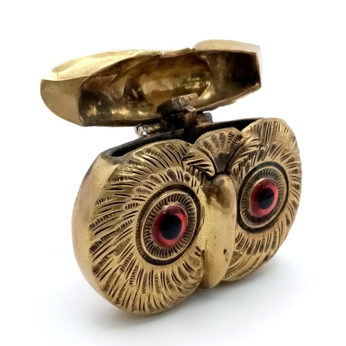 84 - Antique Victorian OWL VESTA.Finished in brass and nickel with large red glass eyes. Opens and closes... 