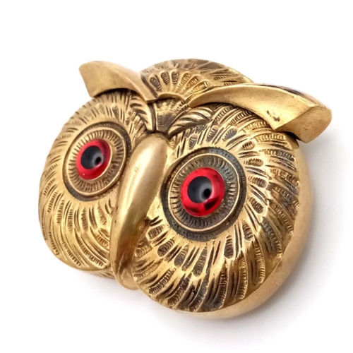 84 - Antique Victorian OWL VESTA.Finished in brass and nickel with large red glass eyes. Opens and closes... 