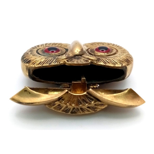 84 - Antique Victorian OWL VESTA.Finished in brass and nickel with large red glass eyes. Opens and closes... 