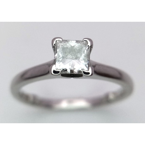 106 - A PLATINUM AND DIAMOND SOLITAIRE RING - PRINCESS CUT. 0.50CT. 4.1G. SIZE M.