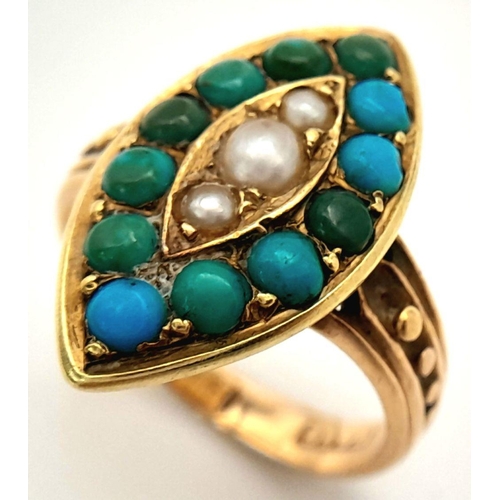 130 - A 15K YELLOW GOLD ( TESTED ) VINTAGE TURQUISE AND PEARL RING. 4.4G. SIZE J.