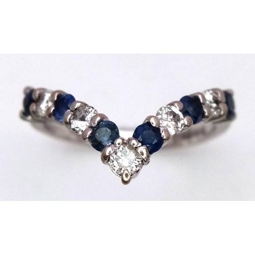 158 - AN 18K WHITE GOLD DIAMOND & SAPPHIRE SET WISHBONE RING - 3.2G. SIZE N. 0.15CT DIAMONDS & 0.25CT SAPP... 