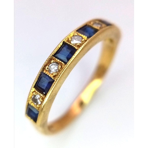 165 - AN 18K YELLOW GOLD DIAMOND & SAPPHIRE BAND RING -  3.7G. SIZE R