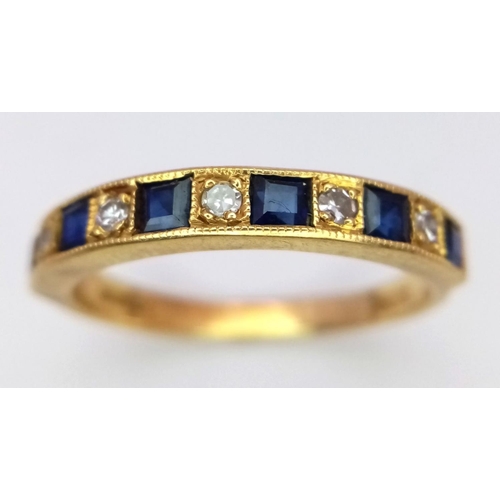 165 - AN 18K YELLOW GOLD DIAMOND & SAPPHIRE BAND RING -  3.7G. SIZE R