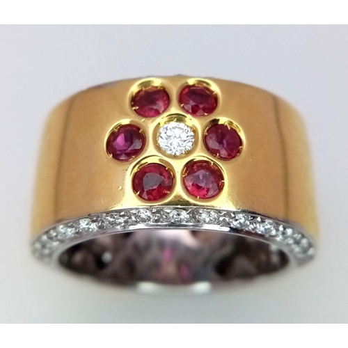 19 - AN 18K YELLOW GOLD DIAMOND & RUBY FLORAL RING - 0.40CT. 14G TOTAL WEIGHT. SIZE N.