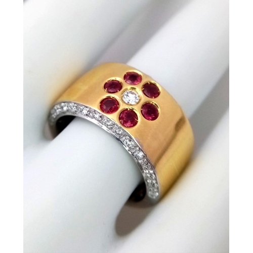 19 - AN 18K YELLOW GOLD DIAMOND & RUBY FLORAL RING - 0.40CT. 14G TOTAL WEIGHT. SIZE N.