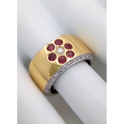 19 - AN 18K YELLOW GOLD DIAMOND & RUBY FLORAL RING - 0.40CT. 14G TOTAL WEIGHT. SIZE N.