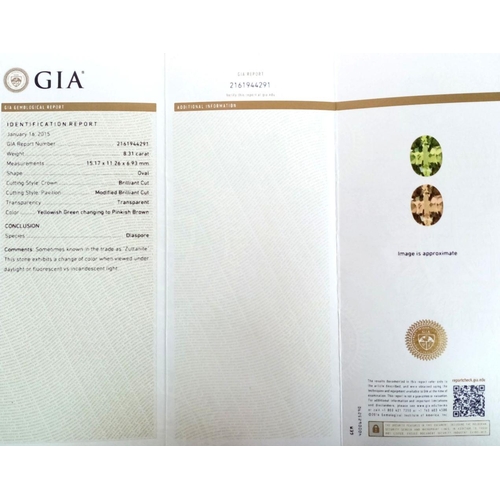 232 - A GIA CERTIFIED DIASPORE GEMSTONE - 8.31CT. OVAL CUT.