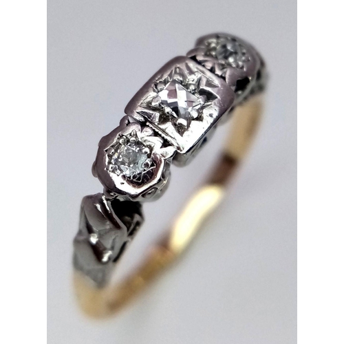 235 - AN 18K YELLOW GOLD & PLATINUM VINTAGE DIAMOND 3 STONE RING. 2.8G. SIZE N