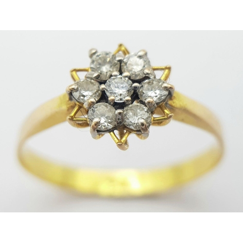 383 - A 18K YELLOW GOLD DIAMOND CLUSTER RING, IN THE FLORAL DESIGN , 0.30CT 1.7G SIZE O.

SC 1095