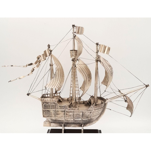 407 - A Vintage Sterling Silver, Beautifully Crafted Model of the Sailing Ship ‘Santa Maria’ on Wood Plint... 