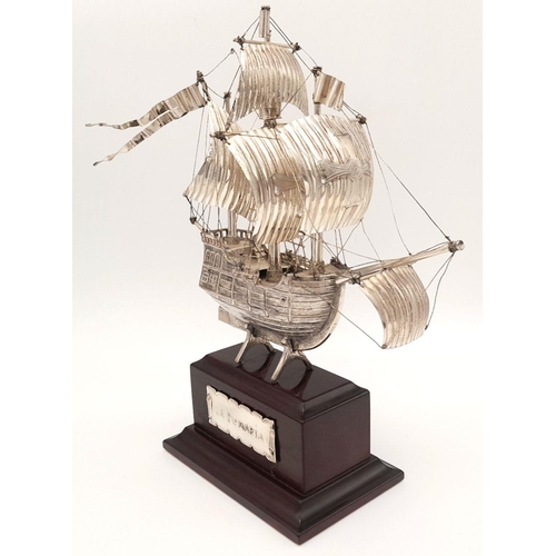 407 - A Vintage Sterling Silver, Beautifully Crafted Model of the Sailing Ship ‘Santa Maria’ on Wood Plint... 