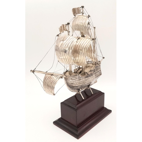 407 - A Vintage Sterling Silver, Beautifully Crafted Model of the Sailing Ship ‘Santa Maria’ on Wood Plint... 