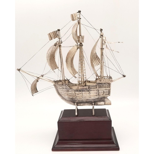 407 - A Vintage Sterling Silver, Beautifully Crafted Model of the Sailing Ship ‘Santa Maria’ on Wood Plint... 