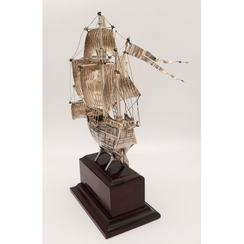 407 - A Vintage Sterling Silver, Beautifully Crafted Model of the Sailing Ship ‘Santa Maria’ on Wood Plint... 