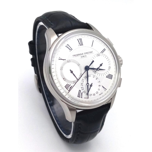 53 - A TOP QUALITY GENTS AUTOMATIC WATCH BY FREDERIQUE CONSTANT OF GENEVA . 3 SUBDIALS , SKELETON BACK , ... 