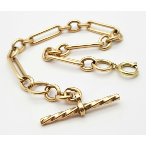 54 - A 9K ROSE GOLD VINTAGE TROMBONE ALBERT BRACELET WITH T BAR. 32.9G.