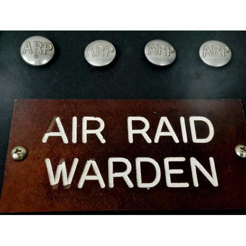 569 - A Vintage Framed and Glazed Original Set of WW2 Air Raid Warden Items Comprising 1) Three Silver ARP... 