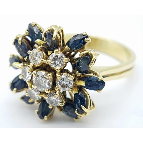 61 - A 18K YELLOW GOLD DIAMOND & TEAL SAPPHIRE CLUSTER RING 7.2G SIZE Q 1/2 , 0.35CT DIAMONDS & 0.60CT SA... 