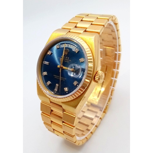 18 - A SOLID 18K GOLD PRESEDENTIAL ROLEX OYSTER PERPETUAL DAY-DATE. STUNNING BLUE DIAL WITH DIAMOND NUMER... 