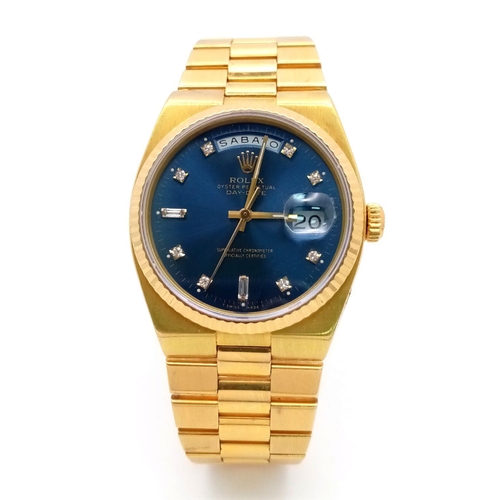 18 - A SOLID 18K GOLD PRESEDENTIAL ROLEX OYSTER PERPETUAL DAY-DATE. STUNNING BLUE DIAL WITH DIAMOND NUMER... 