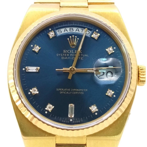 18 - A SOLID 18K GOLD PRESEDENTIAL ROLEX OYSTER PERPETUAL DAY-DATE. STUNNING BLUE DIAL WITH DIAMOND NUMER... 