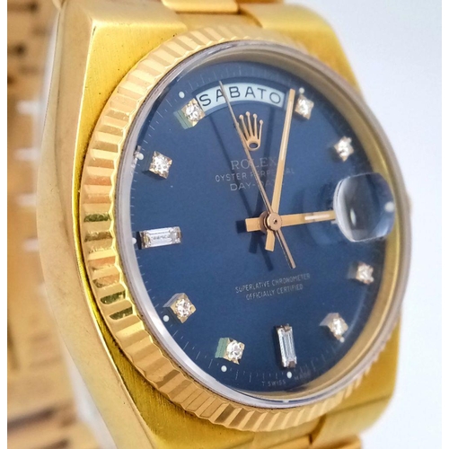 18 - A SOLID 18K GOLD PRESEDENTIAL ROLEX OYSTER PERPETUAL DAY-DATE. STUNNING BLUE DIAL WITH DIAMOND NUMER... 