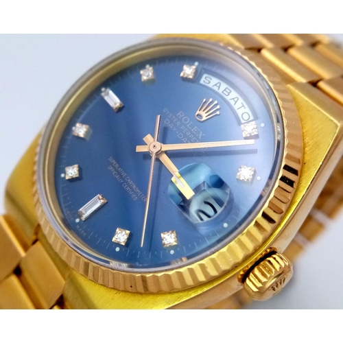 18 - A SOLID 18K GOLD PRESEDENTIAL ROLEX OYSTER PERPETUAL DAY-DATE. STUNNING BLUE DIAL WITH DIAMOND NUMER... 