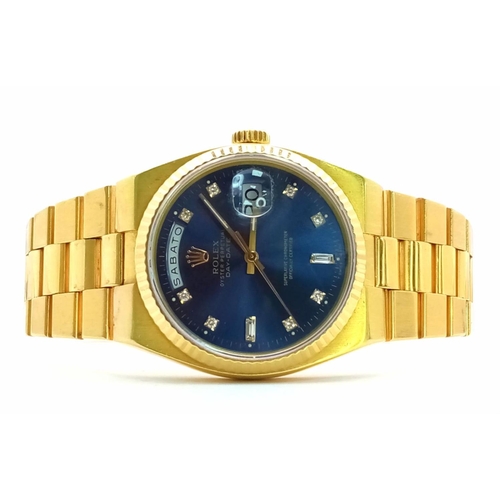 18 - A SOLID 18K GOLD PRESEDENTIAL ROLEX OYSTER PERPETUAL DAY-DATE. STUNNING BLUE DIAL WITH DIAMOND NUMER... 