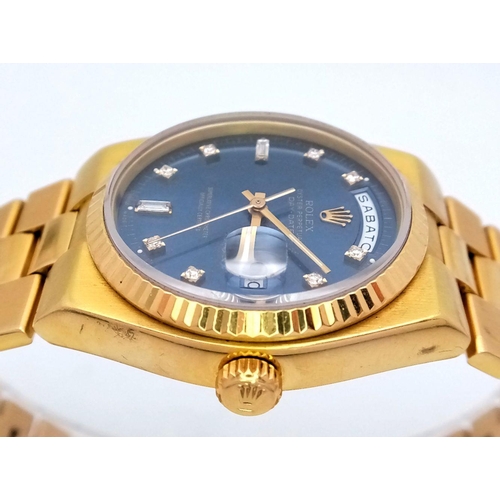 18 - A SOLID 18K GOLD PRESEDENTIAL ROLEX OYSTER PERPETUAL DAY-DATE. STUNNING BLUE DIAL WITH DIAMOND NUMER... 