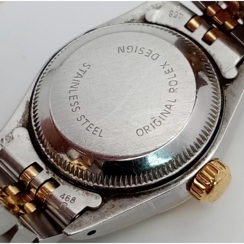 25 - A ROLEX LADIES OYSTER PERPETUAL DATEJUST IN BI-METAL,CHAMPAGNE DIAL IN ORIGINAL BOX WITH WCSA REPORT... 