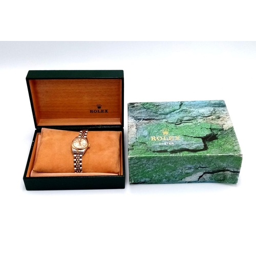 25 - A ROLEX LADIES OYSTER PERPETUAL DATEJUST IN BI-METAL,CHAMPAGNE DIAL IN ORIGINAL BOX WITH WCSA REPORT... 