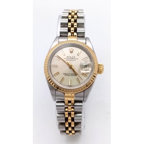 25 - A ROLEX LADIES OYSTER PERPETUAL DATEJUST IN BI-METAL,CHAMPAGNE DIAL IN ORIGINAL BOX WITH WCSA REPORT... 