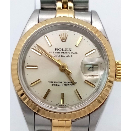 25 - A ROLEX LADIES OYSTER PERPETUAL DATEJUST IN BI-METAL,CHAMPAGNE DIAL IN ORIGINAL BOX WITH WCSA REPORT... 