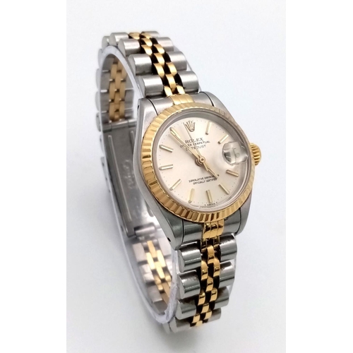 25 - A ROLEX LADIES OYSTER PERPETUAL DATEJUST IN BI-METAL,CHAMPAGNE DIAL IN ORIGINAL BOX WITH WCSA REPORT... 