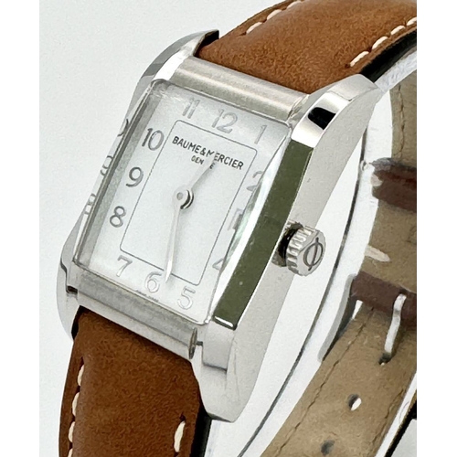 46 - A BEAUTIFUL BAUME AND MERCIER LADIES TANK STYLE WATCH IN STAINLESS STEEL WITH CLASSIC WHITE DIAL AND... 