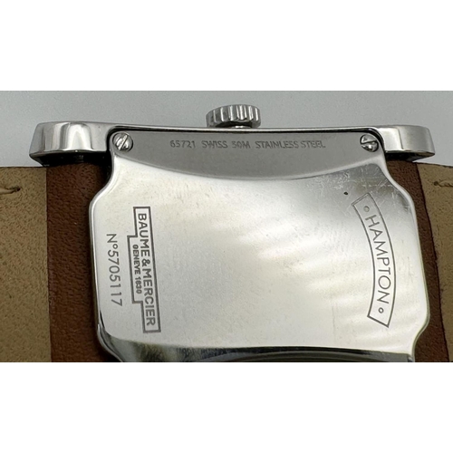 46 - A BEAUTIFUL BAUME AND MERCIER LADIES TANK STYLE WATCH IN STAINLESS STEEL WITH CLASSIC WHITE DIAL AND... 