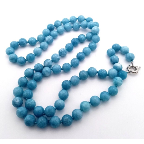 642 - A Natural Aquamarine Water Pattern Beaded Matinee Length Necklace. 90cm necklace length. 10mm beads.