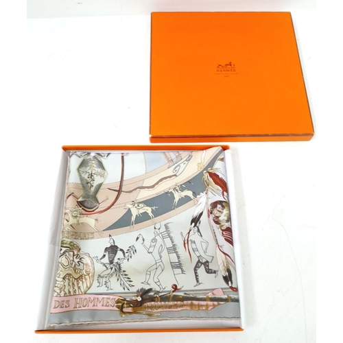 267 - An Hermes Grey Silk Mythologies Des Hommes Scarf 90x90cm. Comes with box.  - please see photos for c... 