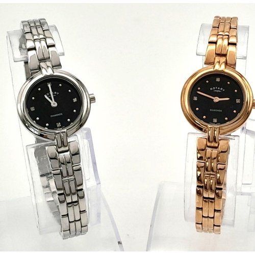 1440 - Two Rotary Ladies Quartz Watches. Similar styles, one gilded. Both as new but both need batteries so... 