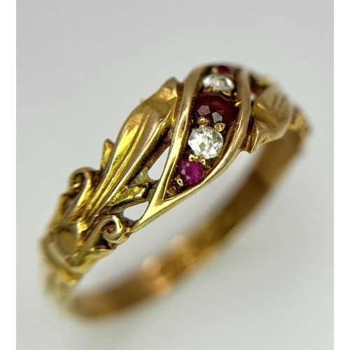 80 - A VERY PRETTY 18K GOLD DIAMOND AND RUBY RING .     2.5gms   size P