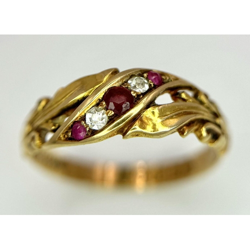 80 - A VERY PRETTY 18K GOLD DIAMOND AND RUBY RING .     2.5gms   size P