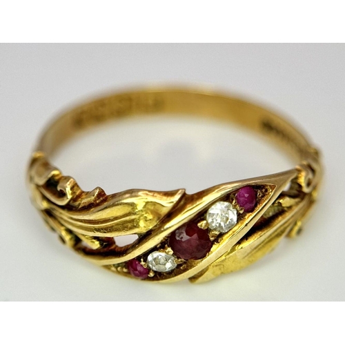 80 - A VERY PRETTY 18K GOLD DIAMOND AND RUBY RING .     2.5gms   size P