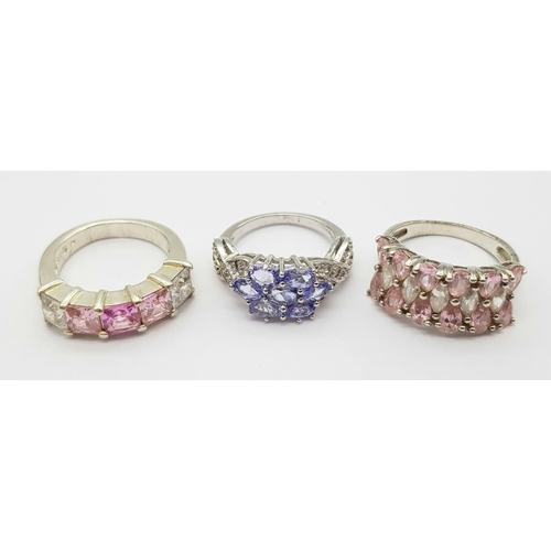 1260 - Three 925 Silver Different Style Stone Set Rings. Sizes: L,O and N.